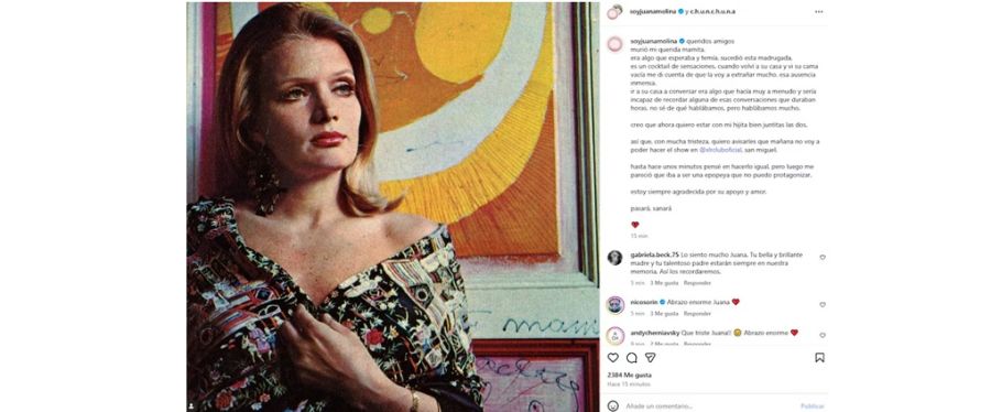 La noticia fue confirmada por su hija, Juana Molina, quien la despidió con un emotivo mensaje. 